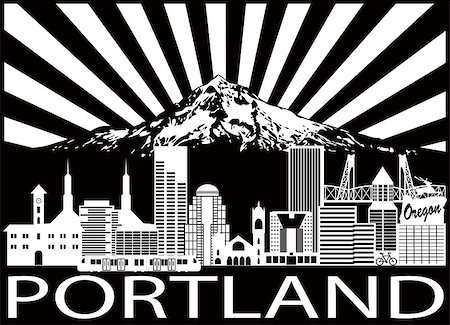 simsearch:400-05723698,k - Portland Oregon Outline Silhouette with City Skyline with Mount Hood Sun Rays Black Isolated on White Background Illustration Photographie de stock - Aubaine LD & Abonnement, Code: 400-09046830