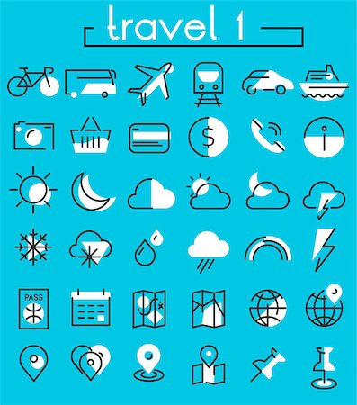 simsearch:400-07114343,k - Vector set of trendy inline bold icons of travel and tourism metaphors, white on blue, set 1 Stock Photo - Budget Royalty-Free & Subscription, Code: 400-09047169