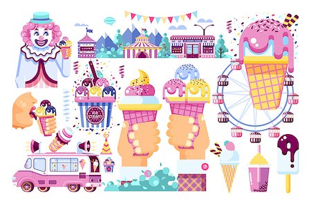 Stock vector isolated illustration business selling ice cream sale of food with machine, meal on wheels clown amusement park sweet vanilla chocolate fruit filling cafe road flat style white background Stock Photo - Budget Royalty-Free & Subscription, Code: 400-09047435