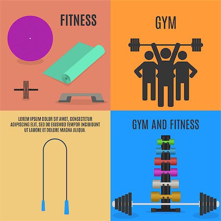 Set of sports equipment items. Flat elements design for gym and fitness, vector illustration. Stock Photo - Budget Royalty-Free & Subscription, Code: 400-09048178