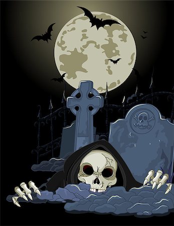 simsearch:400-03971352,k - Illustration of Halloween horrible Grim Reaper over tombstone Foto de stock - Super Valor sin royalties y Suscripción, Código: 400-09048207