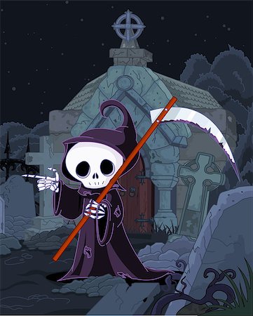 simsearch:400-03971352,k - Illustration of Halloween grim reaper with scythe pointing over tombstone Foto de stock - Super Valor sin royalties y Suscripción, Código: 400-09048208