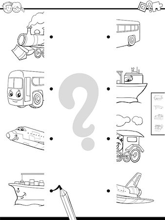 Black and White Cartoon Illustration of Educational Game of Matching Halves with Transportation Characters Coloring Page Stock Photo - Budget Royalty-Free & Subscription, Code: 400-09049270