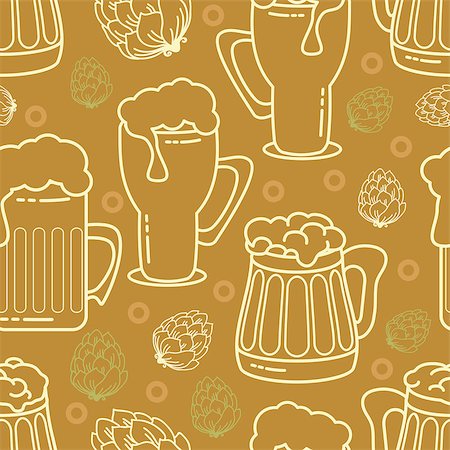 Beer seamless pattern. Vector background.  Graphic texture for restaurant template. Contains images of beer mugs, beer glasses and hop on brown  background. Stock Photo - Budget Royalty-Free & Subscription, Code: 400-09049893