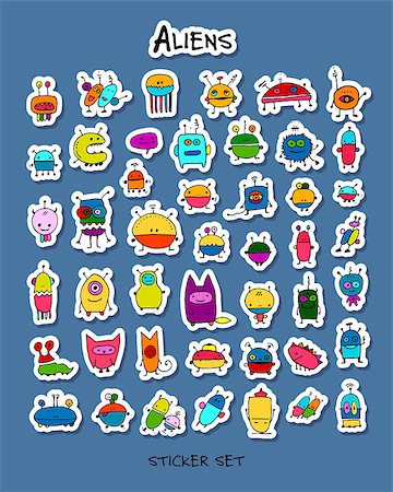 Funny aliens, sticker set for your design. Vector illustration Stock Photo - Budget Royalty-Free & Subscription, Code: 400-09050297