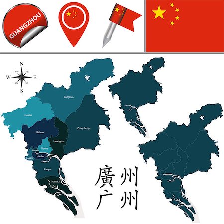 Vector map of Guangzhou with named divisions and travel icons. There are chinese characters in a set - it means Guangzhou Stock Photo - Budget Royalty-Free & Subscription, Code: 400-09050356