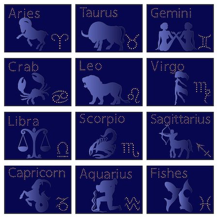 Set of twelve silhouettes of Zodiac signs vector illustration: Aries, Taurus, Gemini, Cancer, Leo, Virgo, Libra, Scorpio, Sagittarius, Capricorn, Aquarius, Pisces Stock Photo - Budget Royalty-Free & Subscription, Code: 400-09050682