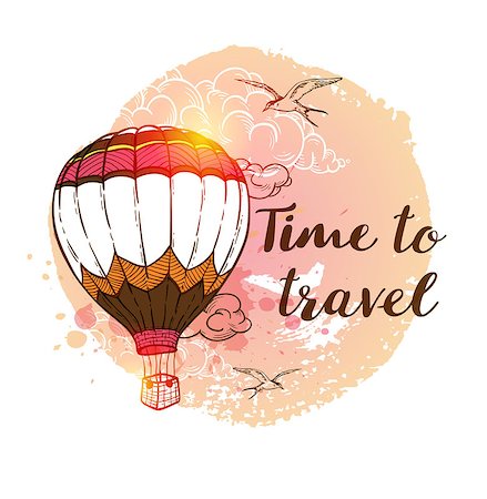simsearch:400-07425300,k - Travel background with air balloon and cloud. Time to travel lettering. Hand drawn vector illustration. Stock Photo - Budget Royalty-Free & Subscription, Code: 400-09050903