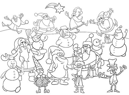 simsearch:400-08708552,k - Black and White Cartoon Illustration of Santa Claus and Christmas Characters Group Coloring Book Stock Photo - Budget Royalty-Free & Subscription, Code: 400-09050921
