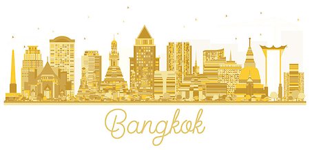 Bangkok City skyline golden silhouette. Vector illustration. Business travel concept. Bangkok Cityscape with landmarks. Stock Photo - Budget Royalty-Free & Subscription, Code: 400-09051143