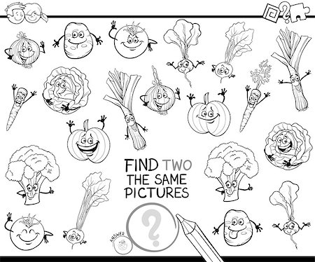 Black and White Cartoon Illustration of Finding Two Identical Pictures Educational Game for Children with Vegetable Characters Coloring Book Foto de stock - Super Valor sin royalties y Suscripción, Código: 400-09052165