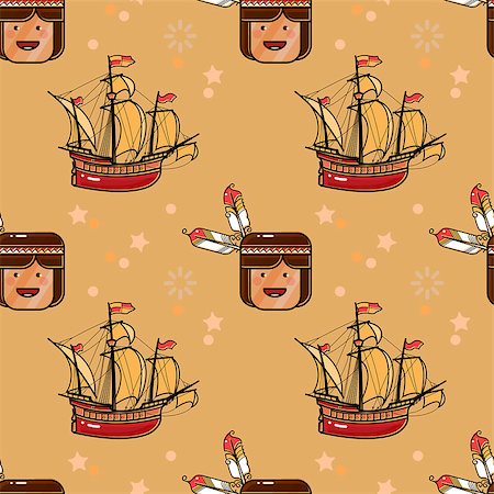 Sailing ship and cute Indian with feathers. Seamless pattern. Decorative cute wallpaper, good for printing. Vector pattern for children fabric, clothes, room decoration. Stock Photo - Budget Royalty-Free & Subscription, Code: 400-09052343