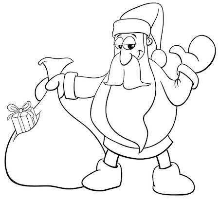 simsearch:400-08708552,k - Black and White Cartoon Illustration of Happy Santa Claus Christmas Character with Sack of Gifts Coloring Book Stock Photo - Budget Royalty-Free & Subscription, Code: 400-09052564