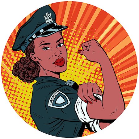female police officer happy - we can do it black police woman African American. pop art avatar character round icon. retro vector illustration Photographie de stock - Aubaine LD & Abonnement, Code: 400-09064595