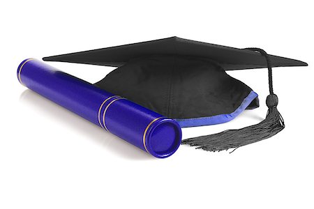 simsearch:400-06688304,k - Black Graduation Mortar Board and Scroll Holder on White Background Photographie de stock - Aubaine LD & Abonnement, Code: 400-09064894
