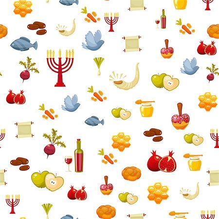 simsearch:400-06069331,k - Rosh Hashanah, Shana Tova or Jewish New year seamless pattern, with honey, apple, fish, bottle, torah ,lettuce, date, beet and other traditional items. Cartoon flat style vector illustration Stock Photo - Budget Royalty-Free & Subscription, Code: 400-09065207