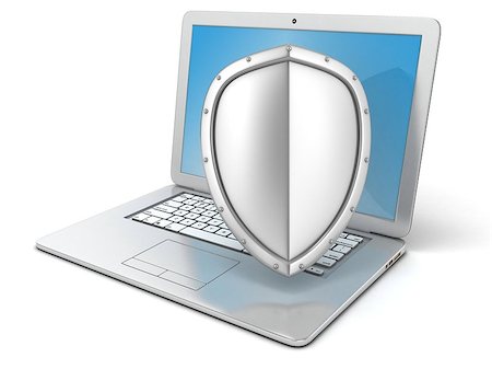 firewall white guard - Shield covers laptop. Concept of information security. 3D render illustration isolated on white background Stock Photo - Budget Royalty-Free & Subscription, Code: 400-09066134