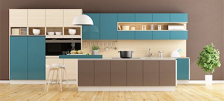 Brown and blue modern Kitchen with island and stools 3d rendering Stock Photo - Budget Royalty-Free & Subscription, Code: 400-09068192