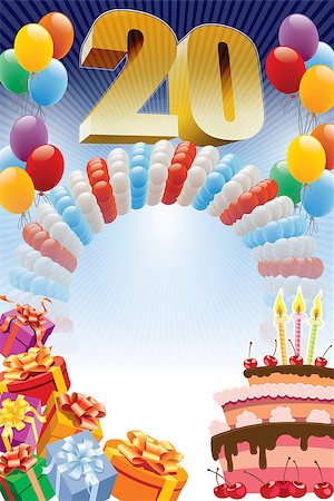 Background with design elements and the birthday cake. The poster or invitation for twentieth birthday or anniversary. Stock Photo - Budget Royalty-Free & Subscription, Code: 400-09068954