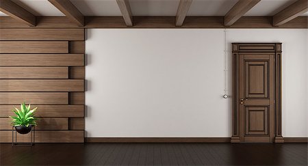 Empty elegant living room with dark wood paneling and closed door - 3d rendering Stock Photo - Budget Royalty-Free & Subscription, Code: 400-09069484