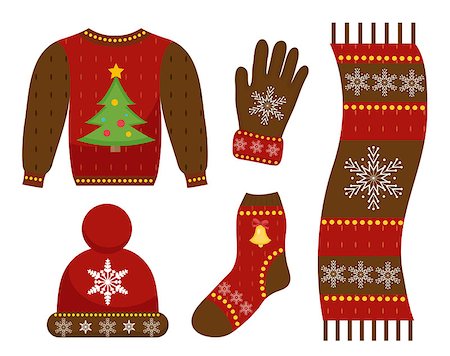 simsearch:400-08491819,k - Winter warm clothes icon set, flat style. Christmas clothing,apparel collection with patterns. Hat, scarf, gloves, sweater. Isolated on white background. Vector illustration Photographie de stock - Aubaine LD & Abonnement, Code: 400-09070095