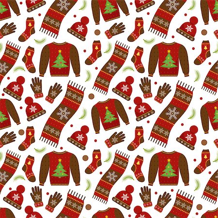 simsearch:400-08491819,k - Winter apparel seamless pattern. Christmas clothes repeating texture. Warm clothing Infinite background. Sweater, gloves, hat, socks. Vector illustration Photographie de stock - Aubaine LD & Abonnement, Code: 400-09070090