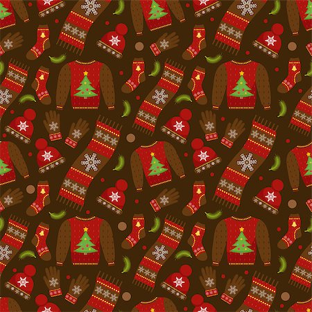 simsearch:400-08491819,k - Winter apparel seamless pattern. Christmas clothes repeating texture. Warm clothing Infinite background. Sweater, gloves, hat, socks. Vector illustration Photographie de stock - Aubaine LD & Abonnement, Code: 400-09070091