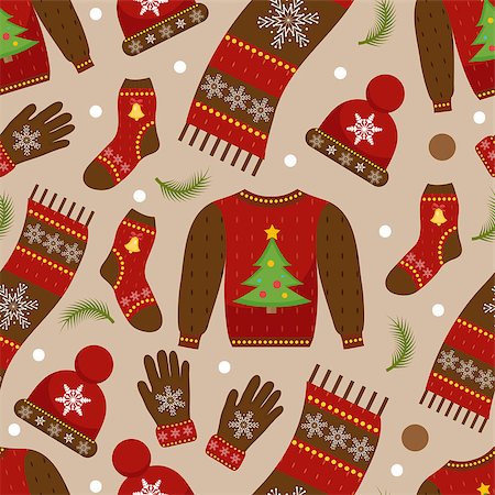 simsearch:400-08491819,k - Winter apparel seamless pattern. Christmas clothes repeating texture. Warm clothing Infinite background. Sweater, gloves, hat, socks. Vector illustration Photographie de stock - Aubaine LD & Abonnement, Code: 400-09070092