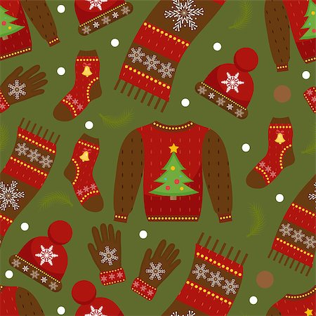simsearch:400-08491819,k - Winter apparel seamless pattern. Christmas clothes repeating texture. Warm clothing Infinite background. Sweater, gloves, hat, socks. Vector illustration Photographie de stock - Aubaine LD & Abonnement, Code: 400-09070359