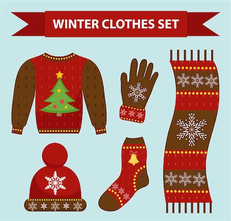 simsearch:400-08491819,k - Winter warm clothes icon set, flat style. Christmas clothing,apparel collection with patterns. Hat, scarf, gloves, sweater. Isolated on white background. Vector illustration Photographie de stock - Aubaine LD & Abonnement, Code: 400-09070360