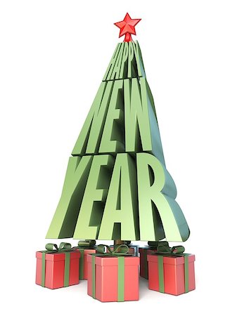 simsearch:400-07257578,k - Abstract Christmas tree made of words HAPPY NEW YEAR and gifts under 3D render illustration isolated on white background Foto de stock - Super Valor sin royalties y Suscripción, Código: 400-09070564