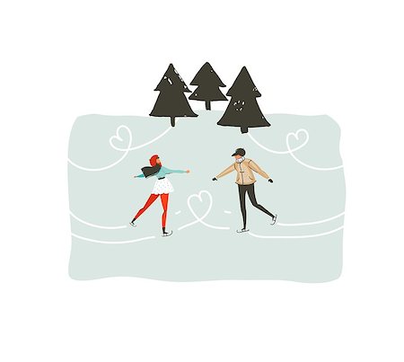 Hand drawn vector abstract fun Merry Christmas time cartoon illustration with young couple who skating in frozen forest isolated on white background. Stock Photo - Budget Royalty-Free & Subscription, Code: 400-09084438