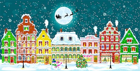 City street in the winter night. Christmas Eve. Winter holiday. Houses in winter night. Snow on a city street. Decoration houses on winter holidays. Stock Photo - Budget Royalty-Free & Subscription, Code: 400-09084496
