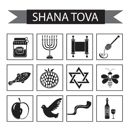 simsearch:400-06069331,k - Set icons on the Jewish new year, black silhouette icon, Rosh Hashanah, Shana Tova. Cartoon icons flat style. Traditional symbols of Jewish culture. Vector illustration Stock Photo - Budget Royalty-Free & Subscription, Code: 400-09088912