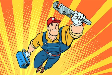 flight maintenance - Male superhero plumber with a wrench. Hand drawn illustration cartoon pop art retro vector style Stock Photo - Budget Royalty-Free & Subscription, Code: 400-09089436