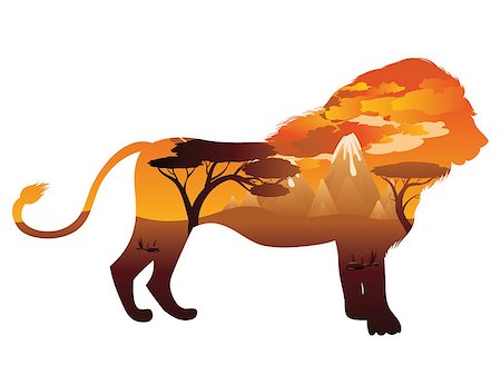 simsearch:400-04836462,k - Colorful sunset scene, african landscape with silhouette of trees and lion. Foto de stock - Super Valor sin royalties y Suscripción, Código: 400-09080318