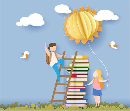 Back to school 1 september card with kids, books and sun on blue sky background. Vector illustration. Paper cut and craft style. Foto de stock - Super Valor sin royalties y Suscripción, Código: 400-09080396