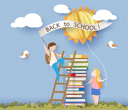 Back to school 1 september card with kids, books and sun on blue sky background. Vector illustration. Paper cut and craft style. Stock Photo - Budget Royalty-Free & Subscription, Code: 400-09080618