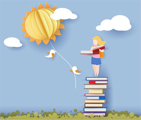 Back to school 1 september card with girl reading book and standing on stack of books. Vector illustration. Paper cut and craft style. Foto de stock - Super Valor sin royalties y Suscripción, Código: 400-09080627