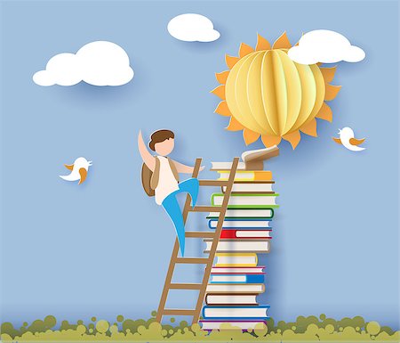 Back to school 1 september card with boy, books and sun on blue sky background. Vector illustration. Paper cut and craft style. Stock Photo - Budget Royalty-Free & Subscription, Code: 400-09080628