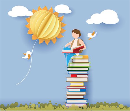Back to school 1 september card with boy reading book and sitting on stack of books. Vector illustration. Paper cut and craft style. Stock Photo - Budget Royalty-Free & Subscription, Code: 400-09080630