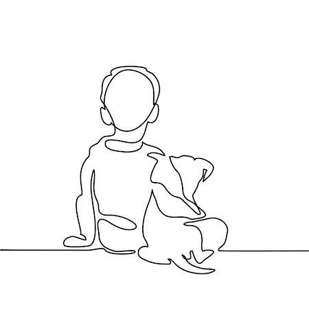 Boy hug dog. Continuous line drawing. Vector illustration Stock Photo - Budget Royalty-Free & Subscription, Code: 400-09080631
