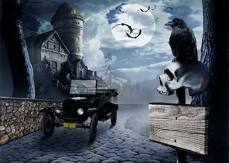 Black crow on a roadside signpost with a human skull on a background of vintage car and stone buildings in sinister moonlight night Stock Photo - Budget Royalty-Free & Subscription, Code: 400-09082802