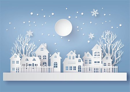 Winter Snow Urban Countryside Landscape City Village with full moon,Happy new year and Merry Christmas,paper art and craft style. Stock Photo - Budget Royalty-Free & Subscription, Code: 400-09083863