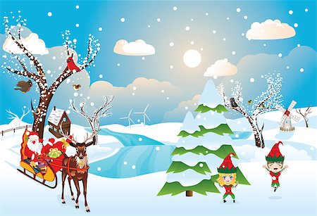 simsearch:400-07087316,k - Cartoon Santa Claus rides reindeer sleigh, winter river landscape. Stock Photo - Budget Royalty-Free & Subscription, Code: 400-09083990