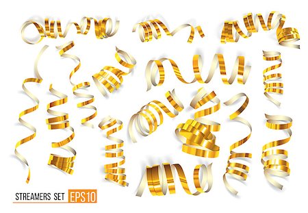 simsearch:400-08671956,k - Set of gold streamers on white. Golden Curly ribbons, Celebration decoration, Serpentine party elements for your holiday design birthday, festive carnival or party greeting. Vector illustration EPS10. Stock Photo - Budget Royalty-Free & Subscription, Code: 400-09094139