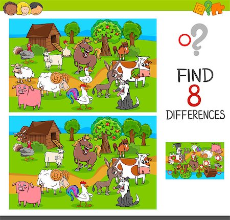 simsearch:400-05724021,k - Cartoon Illustration of Finding Differences Between Pictures Educational Activity Game for Children with Comic Farm Animal Characters Group Stock Photo - Budget Royalty-Free & Subscription, Code: 400-09094957