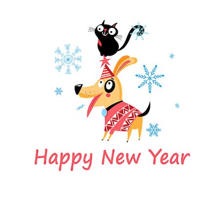 New Years bright postcard with a cat and a dog on a light background Stock Photo - Budget Royalty-Free & Subscription, Code: 400-09095538