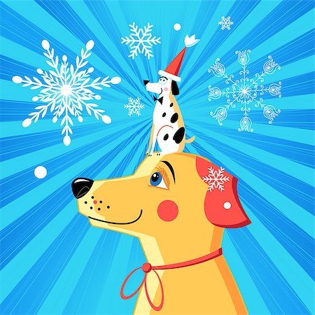 New Years greeting card with funny dogs on a blue background with snowflakes Stock Photo - Budget Royalty-Free & Subscription, Code: 400-09095551