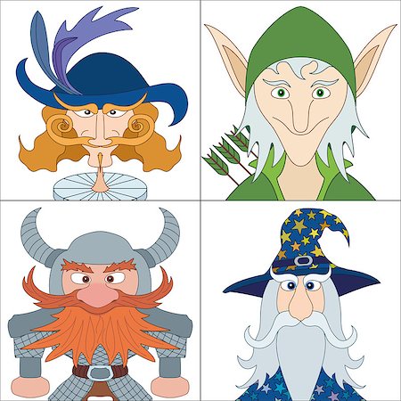 Avatar faces of fantasy brave heroes: elf, dwarf, wizard and noble cavalier, funny comic cartoon user icons, set. Vector Stock Photo - Budget Royalty-Free & Subscription, Code: 400-09095837